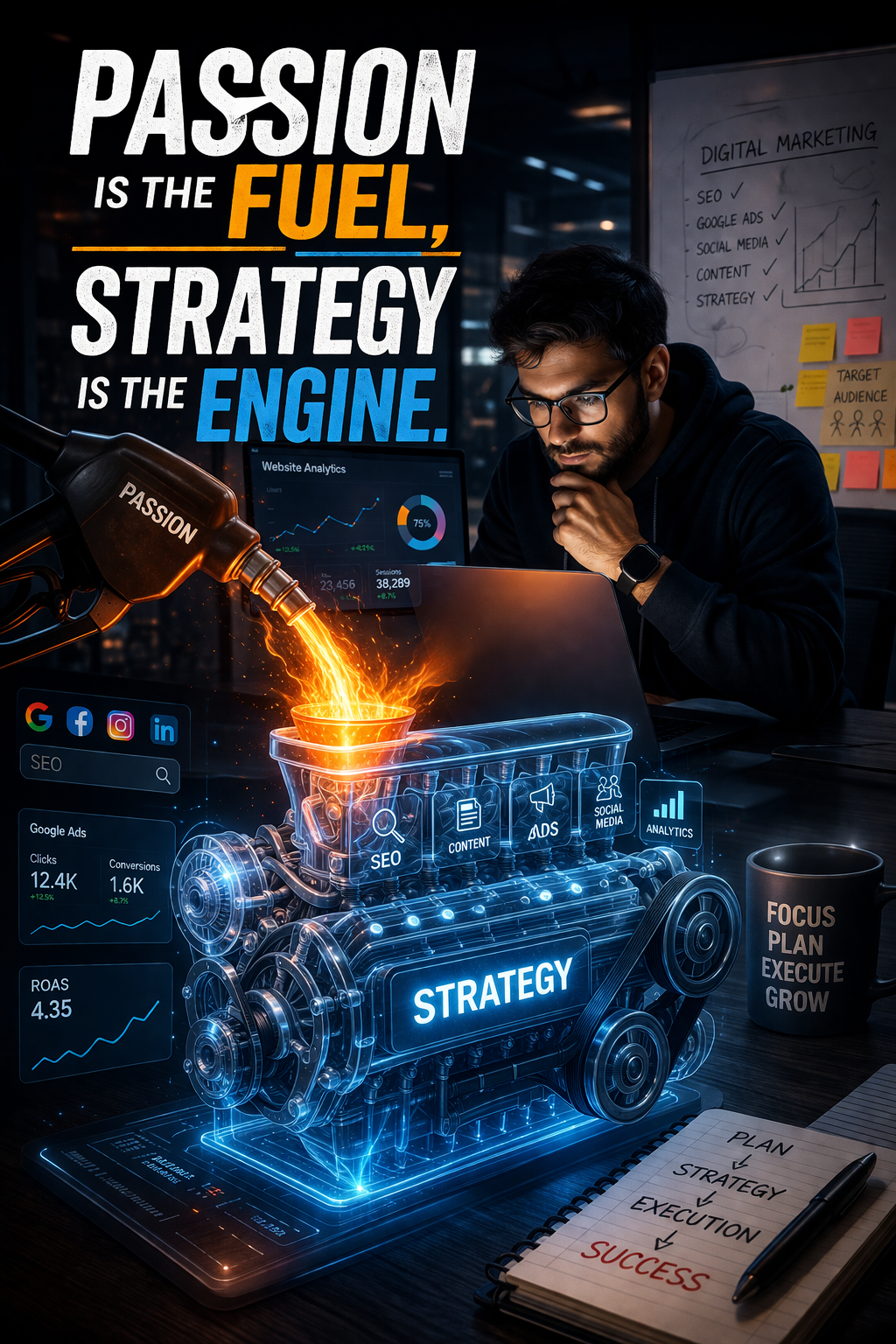 Passion is the fuel strategy is the engine digital marketing concept